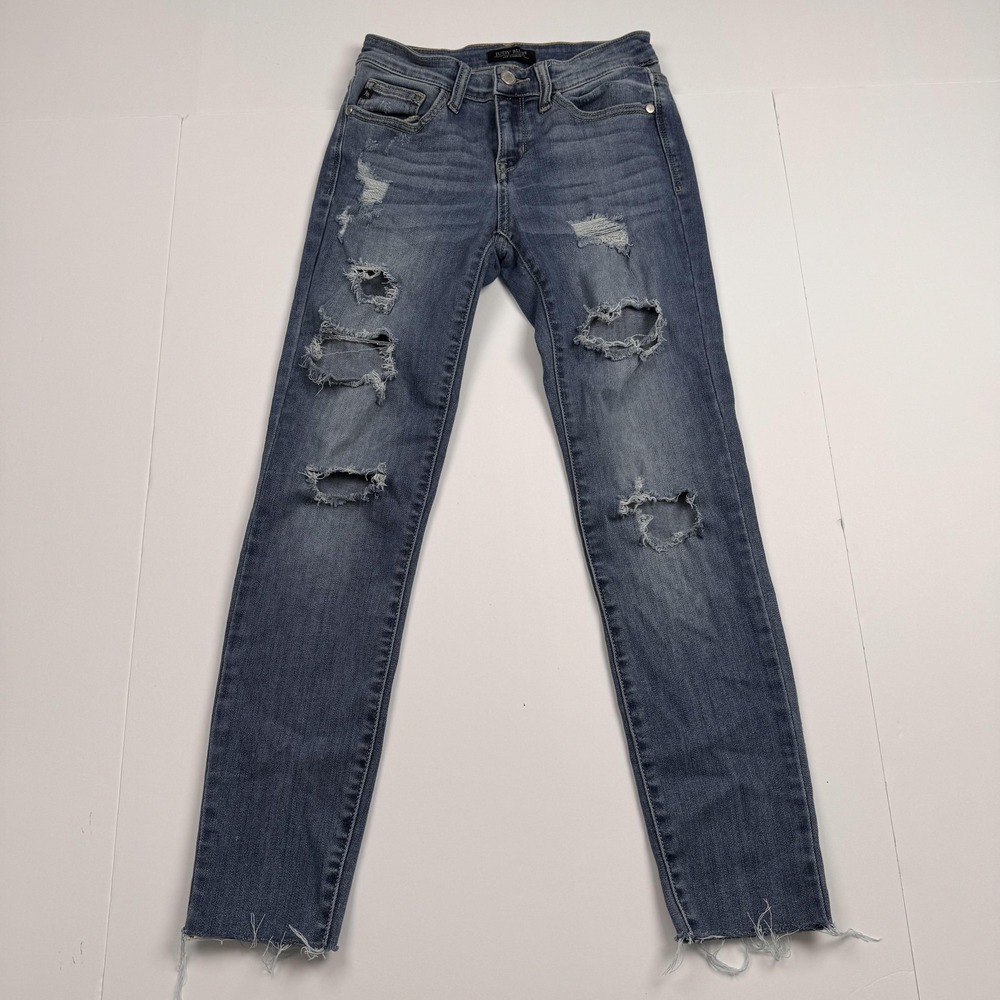 Judy Blue Skinny Fit Distressed Raw Hem Stretch Jeans Blue 1 25 JB8292MD